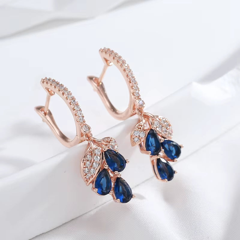 Luxury Full Zircon Drop Blue Dangle Earrings for Women 585 Rose Gold Color Geometric Fashion Fine Jewelry Party Wedding Earrings