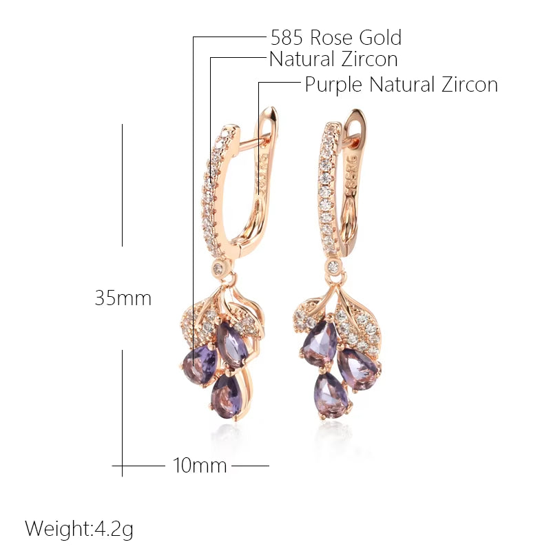 Luxury Full Zircon Purple Pendant Earrings for Women 585 Gold Color Ethnic Wedding Jewelry Vintage Match Accessories