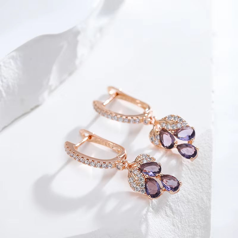Luxury Full Zircon Purple Pendant Earrings for Women 585 Gold Color Ethnic Wedding Jewelry Vintage Match Accessories