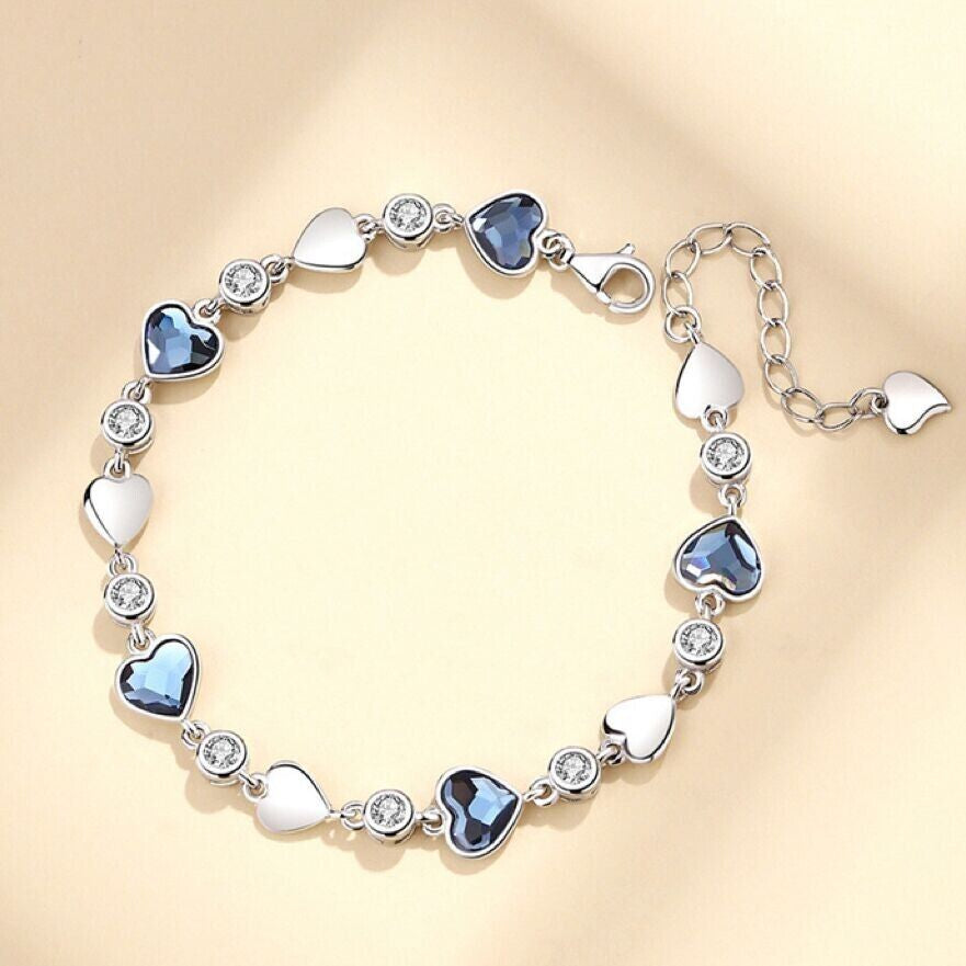 925 Sterling Silver Crystal Love Heart Linked Charm Bracelet Women Jewellery UK