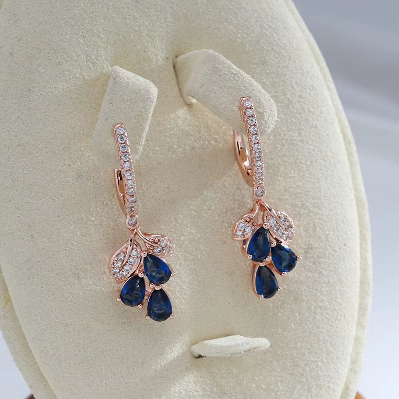 Luxury Full Zircon Drop Blue Dangle Earrings for Women 585 Rose Gold Color Geometric Fashion Fine Jewelry Party Wedding Earrings