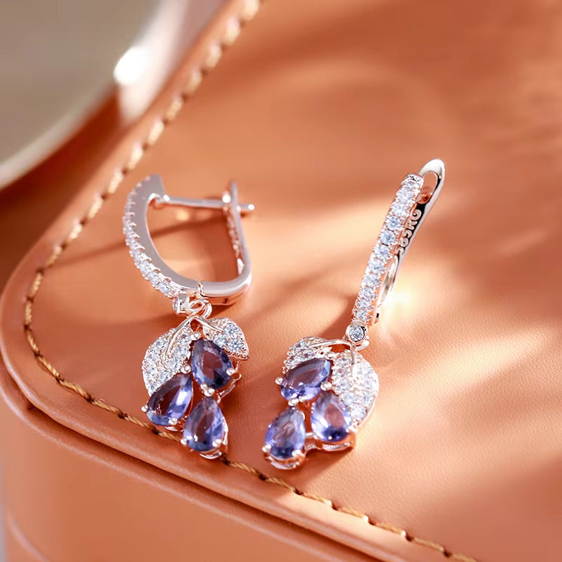 Luxury Full Zircon Purple Pendant Earrings for Women 585 Gold Color Ethnic Wedding Jewelry Vintage Match Accessories