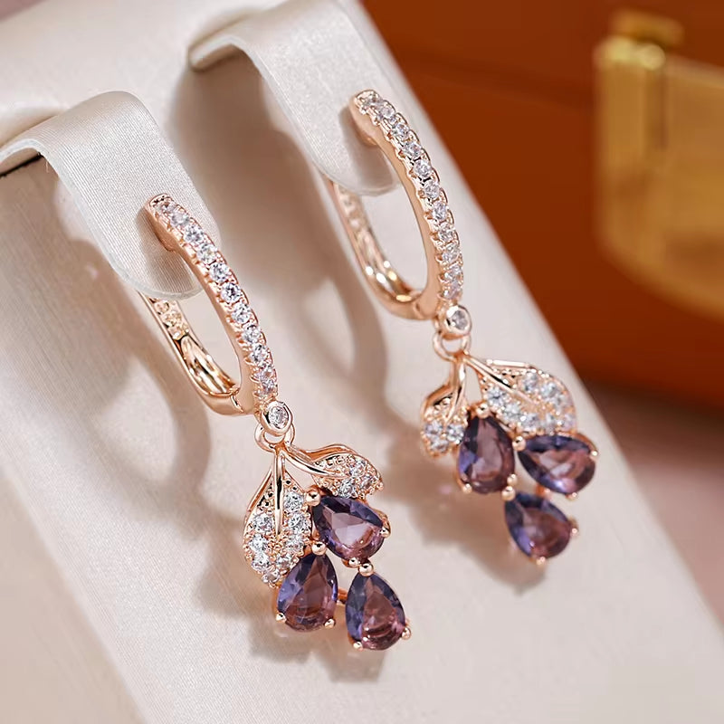 Luxury Full Zircon Purple Pendant Earrings for Women 585 Gold Color Ethnic Wedding Jewelry Vintage Match Accessories