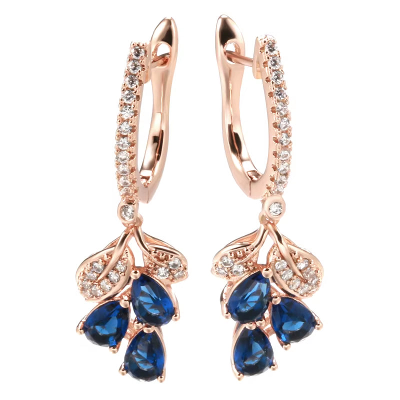 Luxury Full Zircon Drop Blue Dangle Earrings for Women 585 Rose Gold Color Geometric Fashion Fine Jewelry Party Wedding Earrings