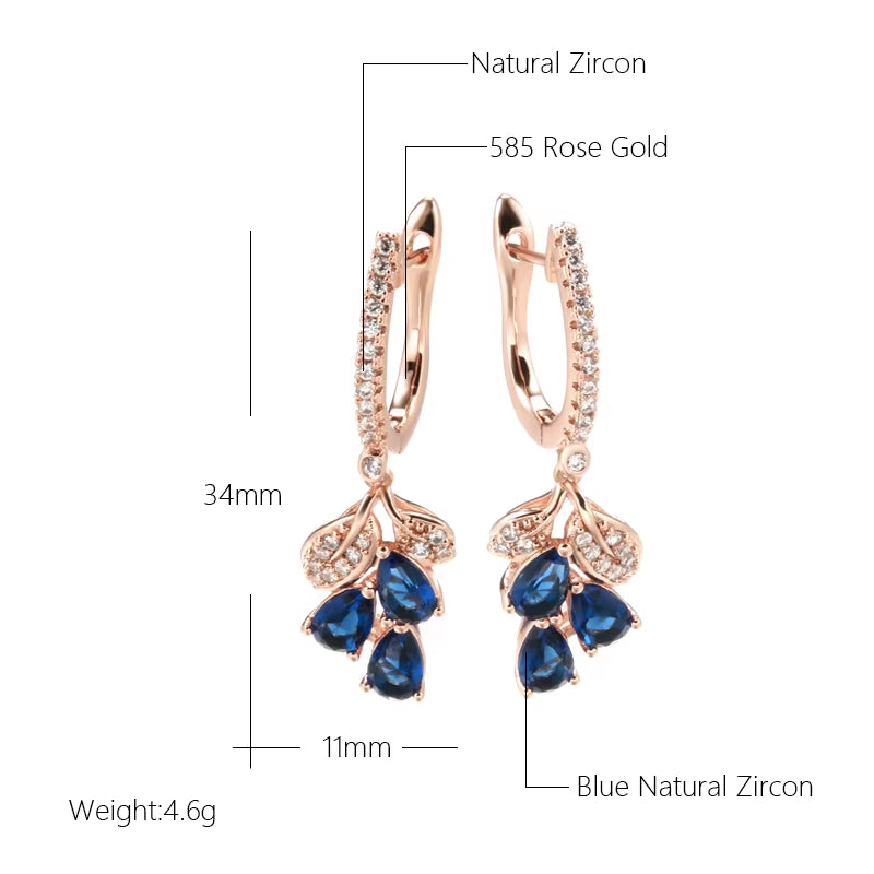 Luxury Full Zircon Drop Blue Dangle Earrings for Women 585 Rose Gold Color Geometric Fashion Fine Jewelry Party Wedding Earrings