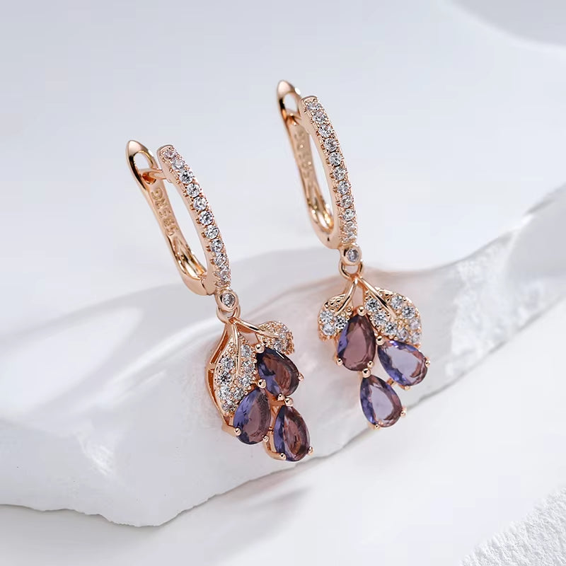 Luxury Full Zircon Purple Pendant Earrings for Women 585 Gold Color Ethnic Wedding Jewelry Vintage Match Accessories
