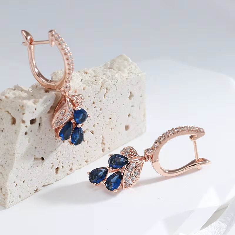 Luxury Full Zircon Drop Blue Dangle Earrings for Women 585 Rose Gold Color Geometric Fashion Fine Jewelry Party Wedding Earrings