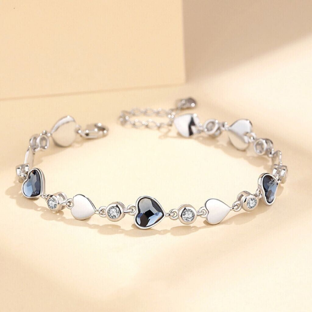 925 Sterling Silver Crystal Love Heart Linked Charm Bracelet Women Jewellery UK
