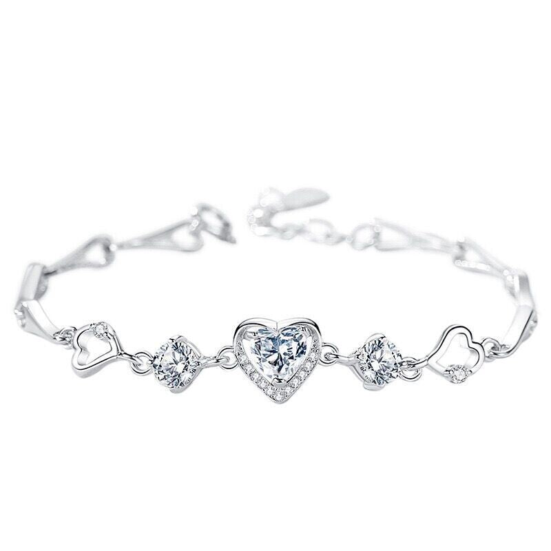 925 Sterling Silver Love Heart Crystal Stone Charm Bracelet Women Jewellery UK