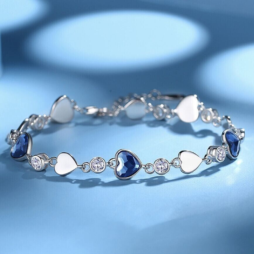 925 Sterling Silver Crystal Love Heart Linked Charm Bracelet Women Jewellery UK