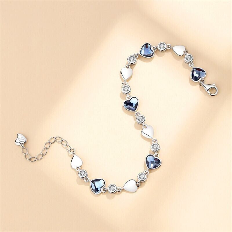 925 Sterling Silver Crystal Love Heart Linked Charm Bracelet Women Jewellery UK