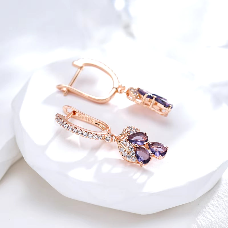Luxury Full Zircon Purple Pendant Earrings for Women 585 Gold Color Ethnic Wedding Jewelry Vintage Match Accessories