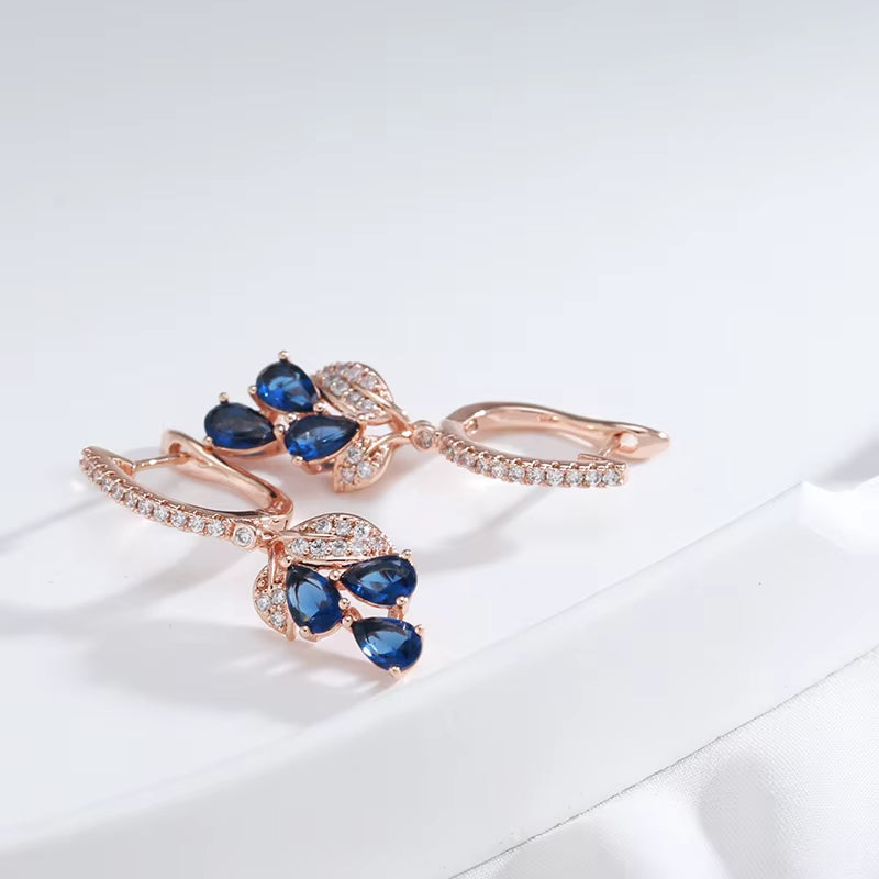 Luxury Full Zircon Drop Blue Dangle Earrings for Women 585 Rose Gold Color Geometric Fashion Fine Jewelry Party Wedding Earrings